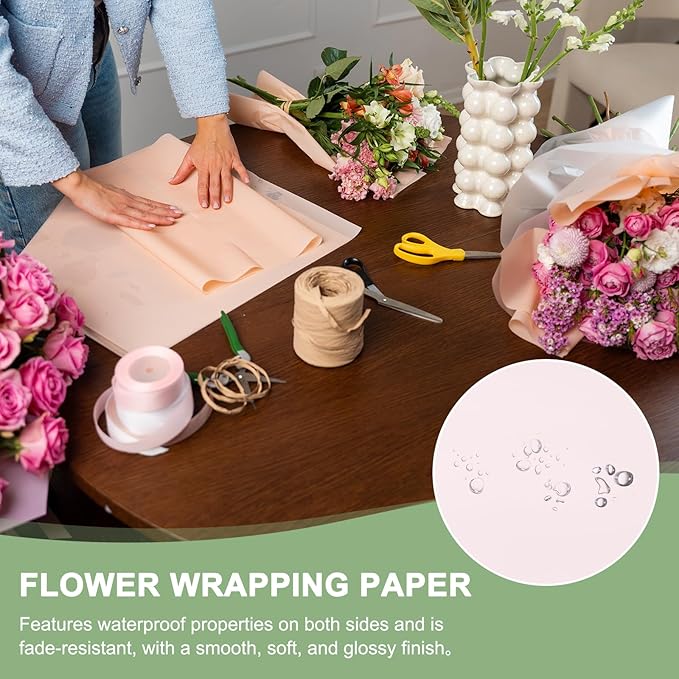 PATIKIL Flower Gift Wrapping Paper, 20 Sheets Pink Edge Waterproof Bouquet Paper Wrap Florist Supplies Packaging Floral Papers for Wedding DIY Craft Valentine Mother's Day, Pink