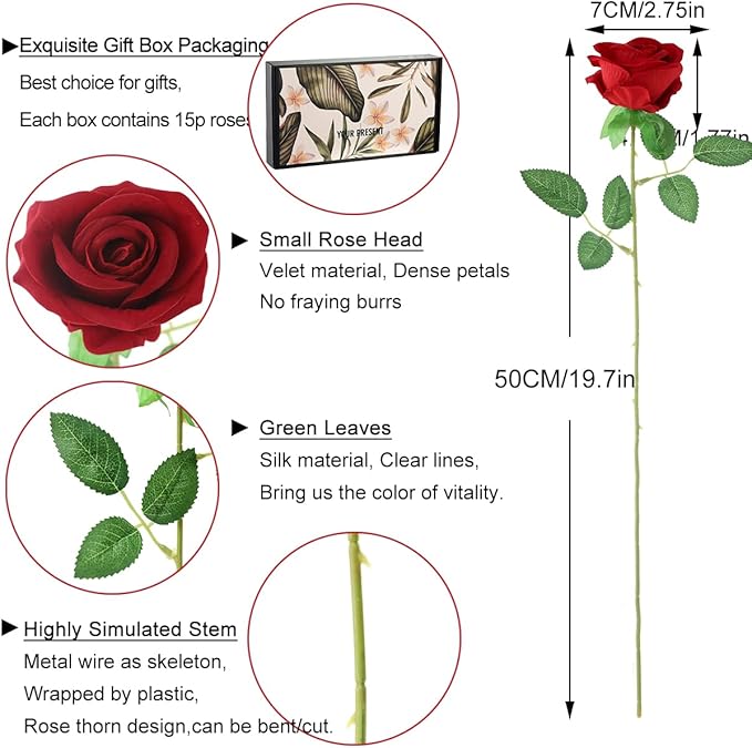 15Pcs Pearl Red Roses Artificial Flowers Fake Roses Long Stem Velet Rose Silk Flowers for Home Wedding Decoration (Pearl Roses,Red)
