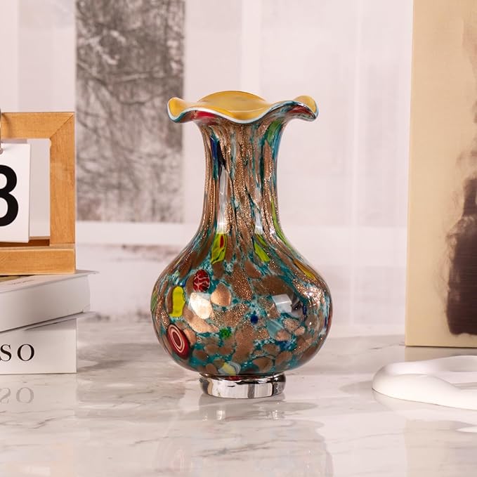 KAMMAK Colored Glass Vase, Beautiful Hand Blown Decorative Vase, Modern Art Vase for Flower Mantle Dining Table Centerpiece, Entryway Living Room Wedding Decoration, FH012