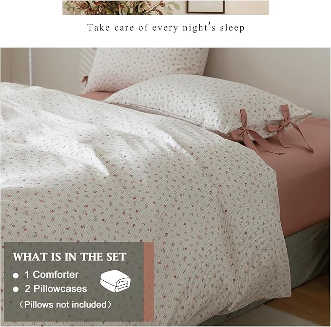 VM VOUGEMARKET Pink Floral Comforter Set Queen Bed in a Bag Pink Stripes Bedding Set 3 Pieces for All Seasons,Soft Comfy Girls Comforter with 2 Bowknot Pillowcases-90 x90