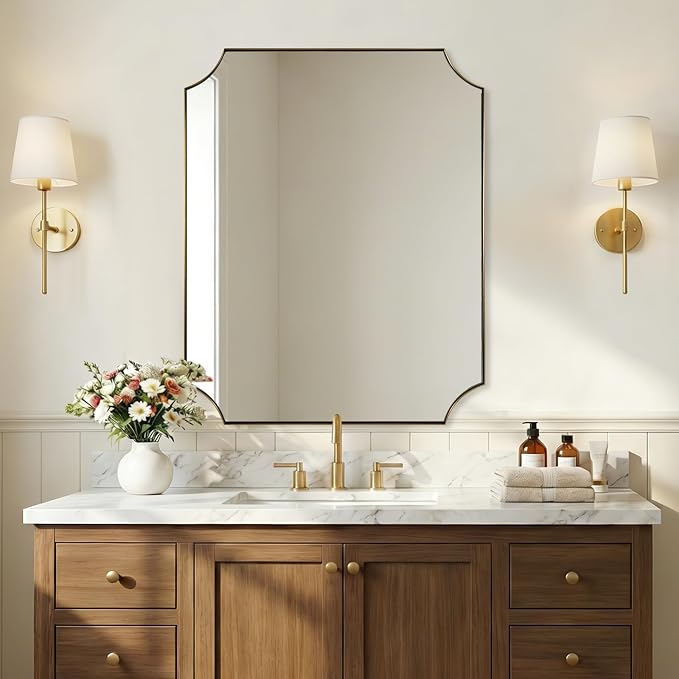 ANDY STAR Gold Vanity Mirror, 24x32 Inch Scalloped Mirror for Bathroom, Brushed Gold Mirror in Anti-Rust Stainless Steel Metal 1" Frame, Antique Scalloped Edge Design, Ideal for Home Remodel