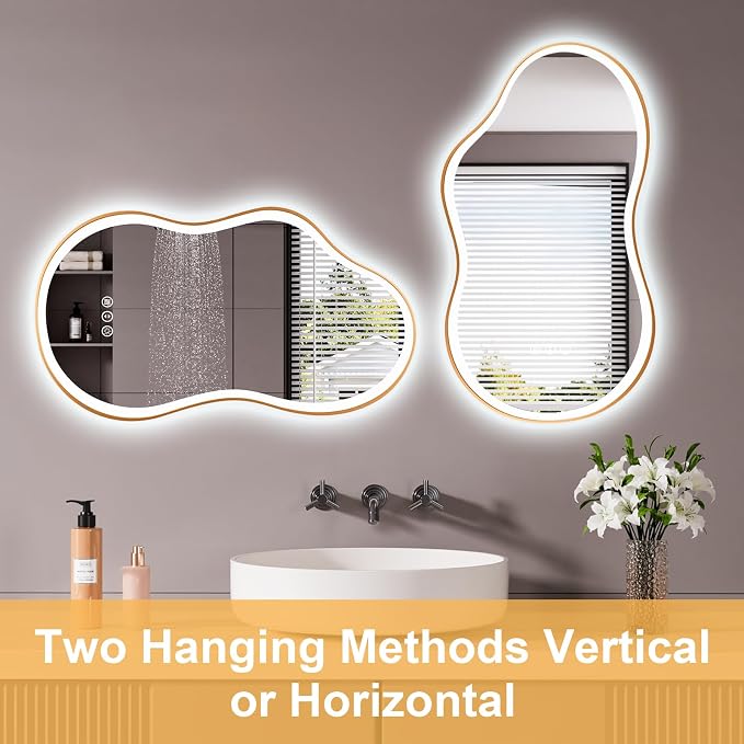 WTTY LED Irregular Bathroom Mirror 26x46 Inch with Front & Back Lights - Asymmetrical Design, Anti-Fog, Dimmable 3 Color Temperatures, Shatterproof Glass, Horizontal or Vertical Mount (Gold Frame)