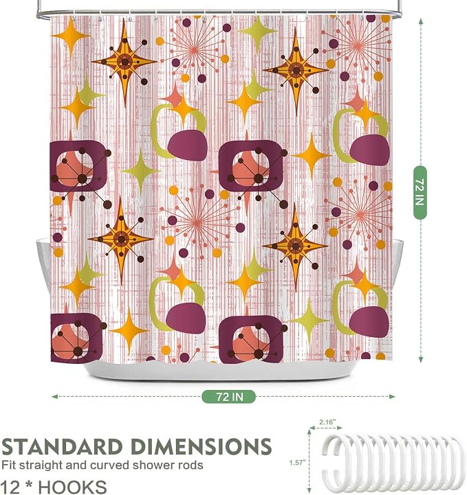 Mid Century Shower Curtain, 72x72inch, Modern Abstract Retro Red Striped Geometric Shower Curtain Sets 1950s Boho Bathroom Shower Curtain with 12 Hooks