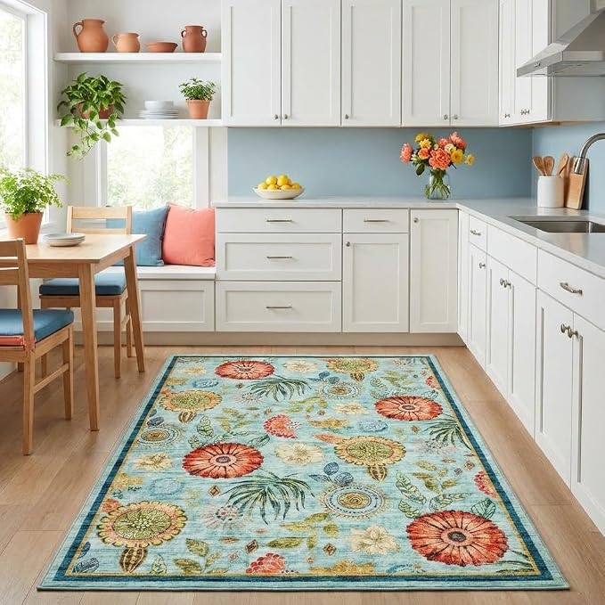 Washable 4x6 Small Area Rug for Living Room Boho Floral Soft Bedroom Rug Non Slip Office Rugs Low Pile Kitchen Small Carpet Stain Resistant Throw Rug for Bedside Kids Room Dining Room, Blue