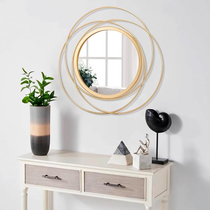 Large Gold Round Art Wall Mirror with Iron Metal Wire Frame Wall-Mounted Mirror for Home Decor Living Room Bedroom Bathroom Entryway 20"