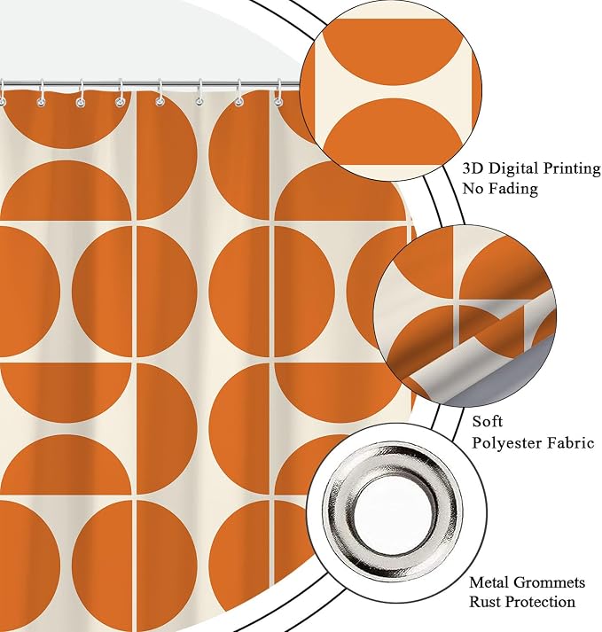 Orange Mid Century Modern Shower Curtain, Boho Abstract Geometric Retro Art Bath Curtains For Bathroom, Colorful Unique Pattern Waterproof Polyester Fabric Bathroom Accessories Set 12 Hooks 72X84IN