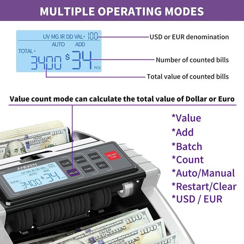 Aneken Money Counter Machine - Accurate Bill Detection with LCD Display | Value Count for Dollar & Euro