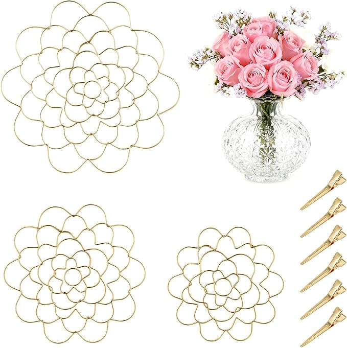 3Pcs Flower Arrangement Holder Set- Stainless Steel Floral Grid Organizer - Wire Frog Insert for Vases Bouquets DIY Home Decor(Gold)