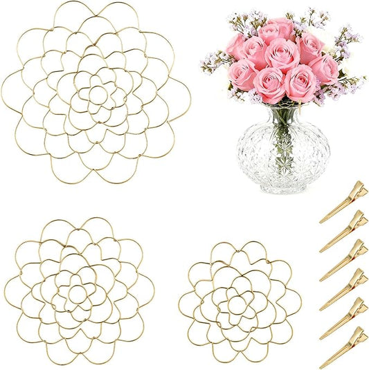 3Pcs Flower Arrangement Holder Set- Stainless Steel Floral Grid Organizer - Wire Frog Insert for Vases Bouquets DIY Home Decor(Gold)