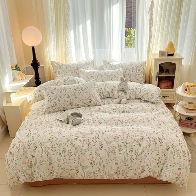 Nayoroom Floral Duvet Cover Twin Size Cottagecore Green Botanical Leaf Flower Spring Duvet Cover 2 Pcs Soft Lightweight Microfiber Pastoral Aesthetic Bedding Set Gift for Women