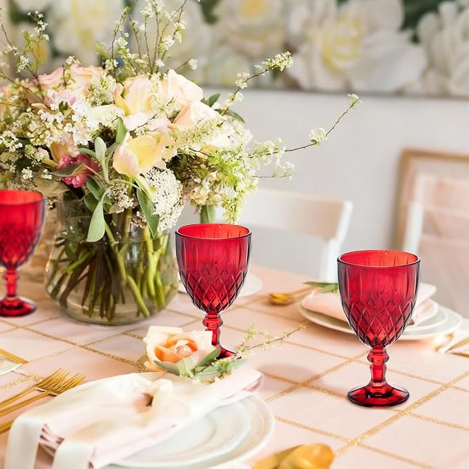 Vintage Wine Glasses Set of 6, 11 Ounces Colored Glass Water Goblets, Colorful Unique Embossed Pattern High Clear Stemmed Glassware Wedding Party Bar Glass Drinking Cups Red Fancy Glasses