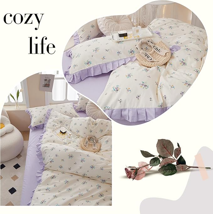 Purple Lace Duvet Cover Queen Soft 100% Cotton Purple Flower Duvet Cover Girls Floral Comforter Cover Garden Style Princess Bedding Set Cottagecore Flower Ruffle Comforter Cover with Zipper Closure