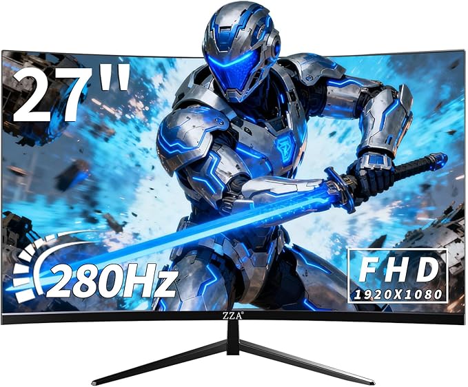 ZZA 27" Curved Gaming Monitor, 280Hz FHD 1080P, 1800R VA Panel, 100% sRGB, AMD FreeSync, 1ms MPRT, Esports Ready Display, Flicker-Free, HDMI & DP, VESA Mount - Black
