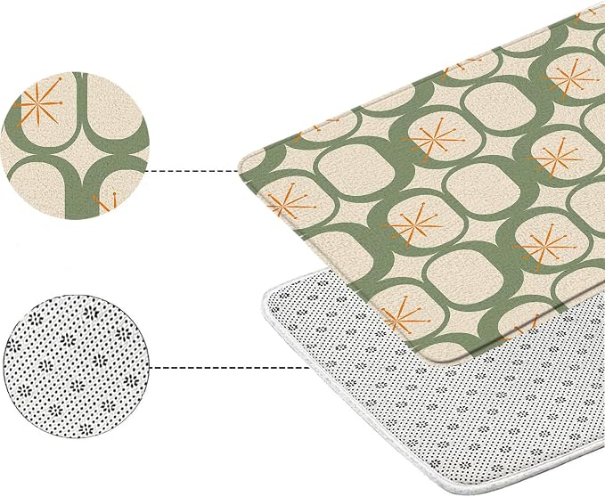 Mid Century Modern Bath Mat Abstract Atomic Geometric Retro 1950s Sage Green Bathroom Kitchen Toilet Rugs,18x30 Inch