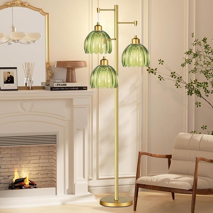 Glass Floor Lamp for Living Room,Bedroom,Gold Mid Century Modern Standing Lamp Brass Tree 3 Light Tall Floor Lamps Vintage Retro Floor Lights Green Flower Lamp Shade Farmhouse Boho Bohemian