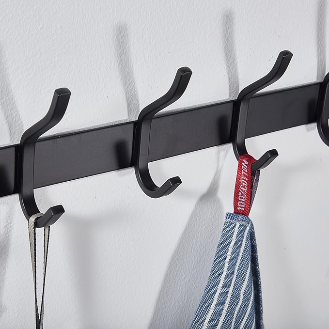 HAMUTH Black Wall Hooks, 12 Inch Coat Rack Wall Mount with 4 Hooks, Wall Hooks Heavy Duty for Hanging Backpack, Bag, Purse, Clothes, Hat, Coat, Towel | Entryway & Bathroom Storage Organization Hanger