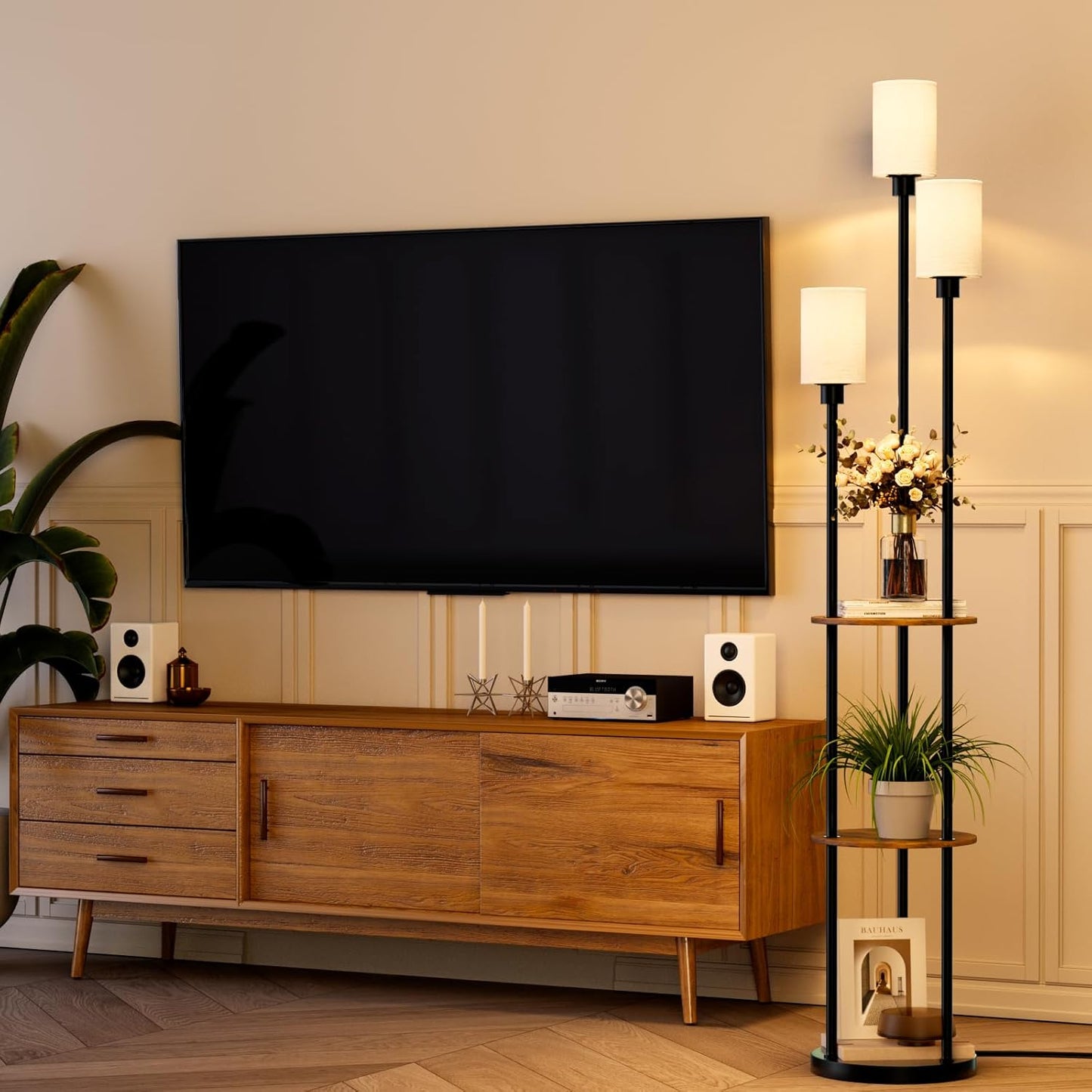Skiennix Rustic Floor Lamp - 3-Light Standing Lamp with Shelves & Foot Switch | 71" Tall, Black-Liner