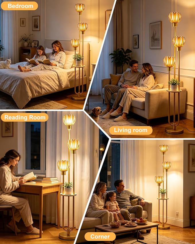 Lightdot 3-Lights Glass Floor Lamp for Living Room Modern Gold Floor Lamps with Lotus Amber Glass Shade& Bulbs Included for Wedding/Party Tall Standing Lamp for Bedroom/Sofa Beside/Corner Decor