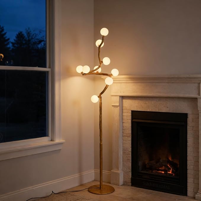 Rustic Farmhouse Tree Floor Lamp, Mid Century Modern Vintage Standing Lamp, 9-Light Moon Floor Lamp with 3D Printed Shades, Retro Branch Floor Light for Living Room Bedroom Officer(66")