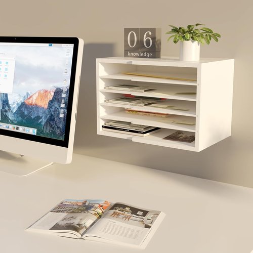 LAPTAIN Desktop File Sorter - 4 Adjustable Shelves for Home & Office | White Paper Letter Tray Organizer