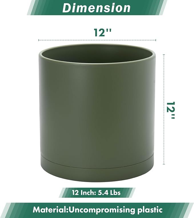 D'vine Dev 12 Inch Plastic Planter Pots for Plant Pot with Drainage Hole and Seamless Saucers, Olive, 74-X-I-3