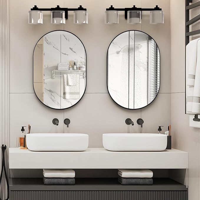 2 Piece Oval Bathroom Mirror Capsule Wall Vanity Mirror, 20"x30" Pill Mirrors Wall Mounted Mirror, Large Modern Mirror with Black Metal Frame, Decor for Entryway, Bedroom, Living Room