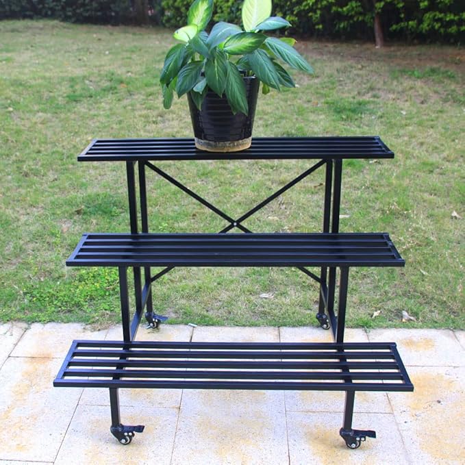 Zhongma 3 Tier Sturdy Metal Plant Stand with Wheels, L35.43 x W26 x H26 inch, Heavy Duty Plant Holder for Home Indoor and Outdoor, 660 LBS Capacity & Heavy Duty Construction