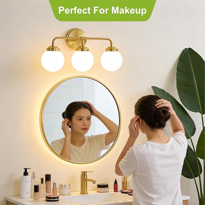 Bathroom Light Fixtures, 18.26'' Gold Vanity Light, Modern Brass 3 Lights Wall Sconce with Milky Glass Globe Shade, Small Bathroom Lighting Fixtures Over Mirror for Bathroom Living Room
