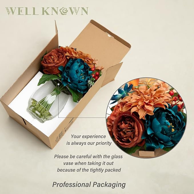 Artificial Flowers in Vase with Fake Water, Faux Silk Peony Dahlia Bouquet, Teal Burnt Orange Flowers Arrangement for Dining Table Centerpiece Wedding Chritmas Party Winter Home Decor & Birthday Gift