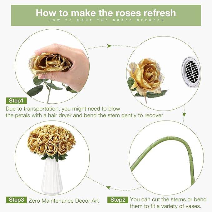 30 Pcs Rose Artificial Flowers in Bulk Real Touch Long Stem Silk Roses Bouquets Realistic Faux Flowers for Wedding Bridal Shower Home Decor Floral Arrangements Table Centerpiece(Gold)