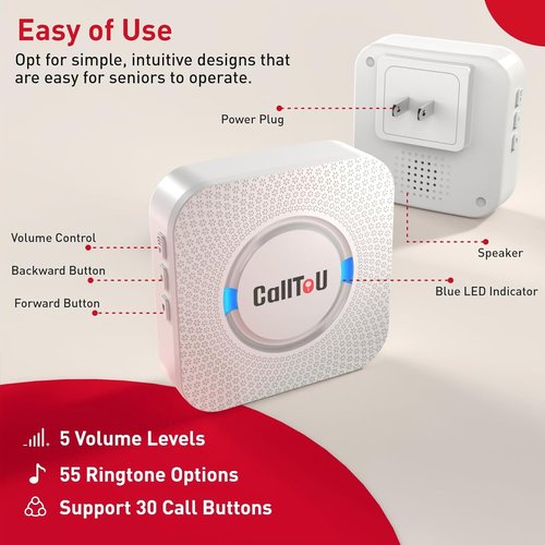 CallToU Wireless Caregiver Pager - Smart Call System with 2 SOS Buttons & 2 Receivers | 500+ Feet Range