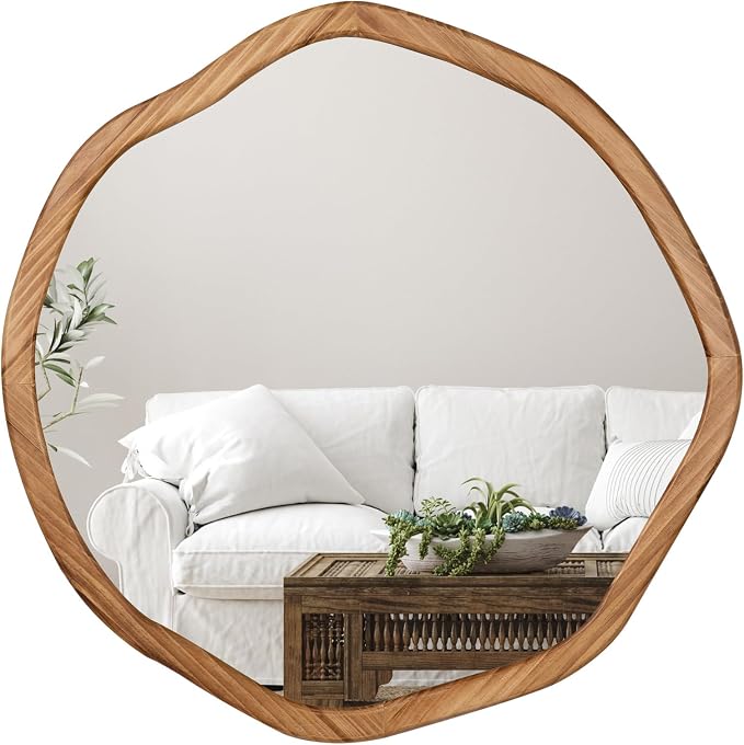 ULIKE Round Wood Mirror, 30 Inch Irregular Circle Vanity Wall Mirror with Wooden Frame, Rustic Decorative Wall Mount for Bathroom Bedroom Living Room Entryway, Rustic Brown