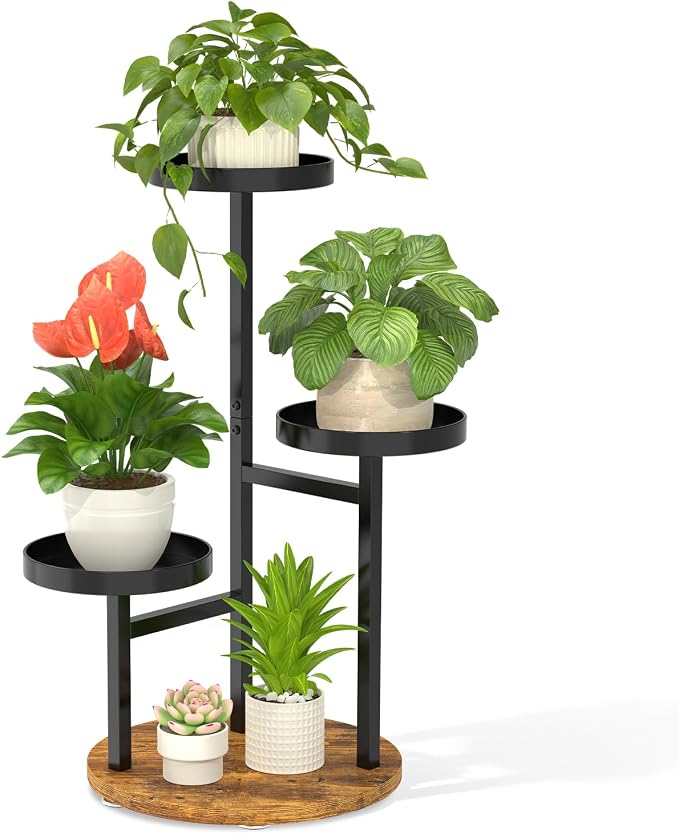 LASZOLA 3 Tier Metal Plant Stand for Indoor Corner, Heavy Duty Wooden Flower Holder Rack for Mutiple Plants, Planter Display Shelf for Patio Garden Balcony Living Room, Black