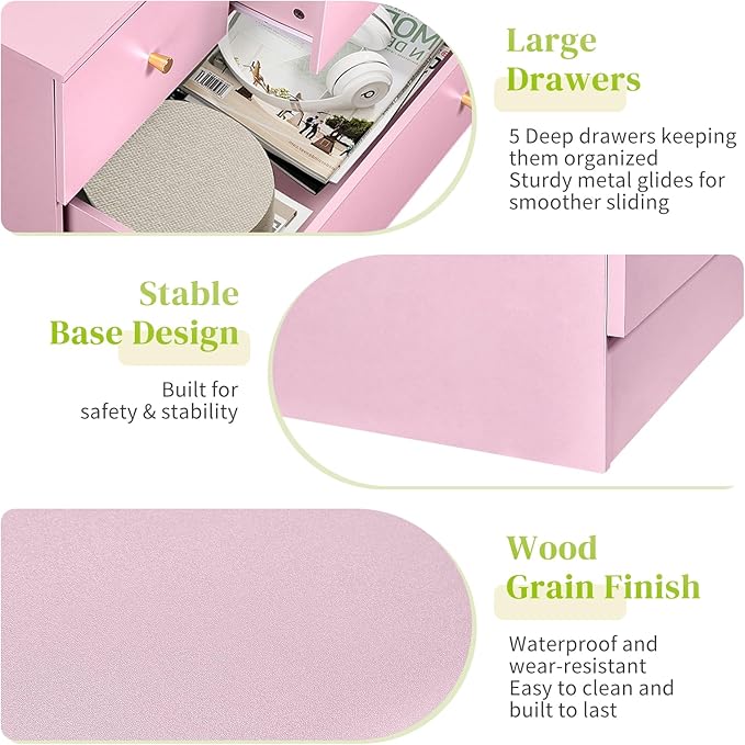 Karl home Pink 5 Drawer Dresser for Bedroom, Tall Dresser Chest of Drawers, Rustic Wood Bedroom Dressers Clothes Organizer, Anti-Tipping Device, Rose Gold Metal Handle, Living Room, Entryway, Office