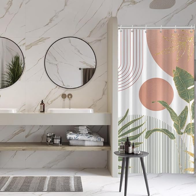 Mid Century Boho Shower Curtain, Abstract Modern Sun Minimalist Aesthetic Shower Curtain, Bohemian Geometric Arch Curve Leaves Neutral Art Fabric Bathroom Curtains Pink 36x72 inch