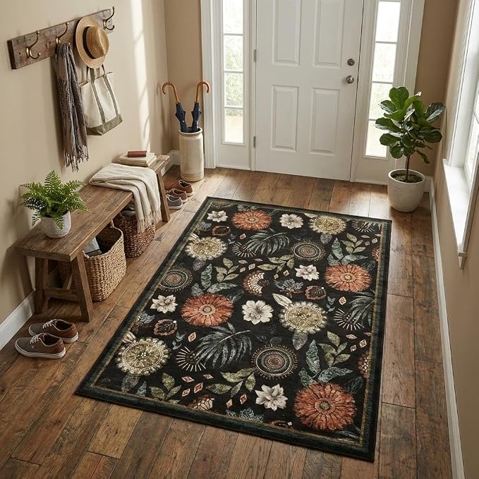 4x6 Washable Small Area Rug for Living Room Boho Floral Soft Black Bedroom Rug Non Slip Office Rugs Low Pile Kitchen Small Carpet Stain Resistant Throw Rug for Bedside Kids Room Dining Room, Black