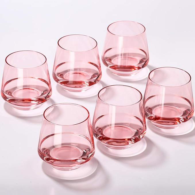 Pink Stemless Wine Glass Set of 6-14oz Wine Glasses, Stemless Drinking Glasses for Wine, Cocktails & Beverages - Elegant Glassware for Home, Bar & Holiday Use