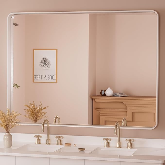 TETOTE 48 x 36 White Mirror for Bathroom Metal Frame Wall Mounted Rectangle Mirror for Vanity with Sandy Textured Surface(Horizontal/Vertical)