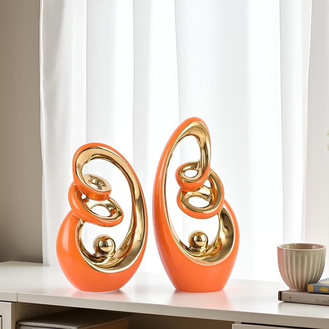 Orange Ceramic Abstract Sculpture Statue,Mid Century Modern Gold Accent Decor,Porcelain Statues Art Deco Gold Show Piece for Home - Contemporary Tv Stand End Table Centerpieces (Orange Gold)
