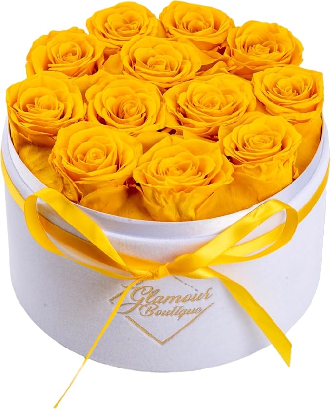 GLAMOUR BOUTIQUE Flower Forever Gift Box 12 Real Preserved Roses in Round Velvet White Box, Handmade, Rose Petals, Birthday, Marriage, Anniversary, Graduation - Yellow