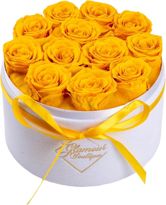 GLAMOUR BOUTIQUE Flower Forever Gift Box 12 Real Preserved Roses in Round Velvet White Box, Handmade, Rose Petals, Birthday, Marriage, Anniversary, Graduation - Yellow