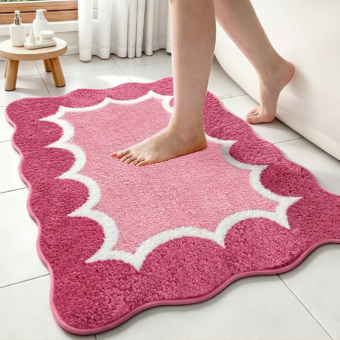 Cute Scalloped Rose Pink Bathroom Rugs Mat,Non Slip Absorbent Quick Dry Bath Mats for Shower Room,Plush Microfiber Bath Rug for Bath Floor Washable Carpet for Shower Tub Sink Bedroom,24"x36"