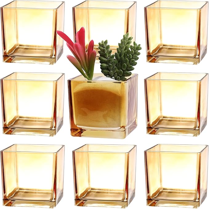 MARTAGE Square Flower Vases Set of 9, 3"x 3"x 3" Glass Vases for Centerpieces, Amber Vase for Flowers, Small Vase for Wedding, Party, Home Office Decoration