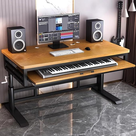 Studio Desk with Keyboard Tray | Hand-Crank Adjustable Standing Desk Workstation for Music Production, Cable Management, MIDI Keyboard Shelf (Natural, 70in)