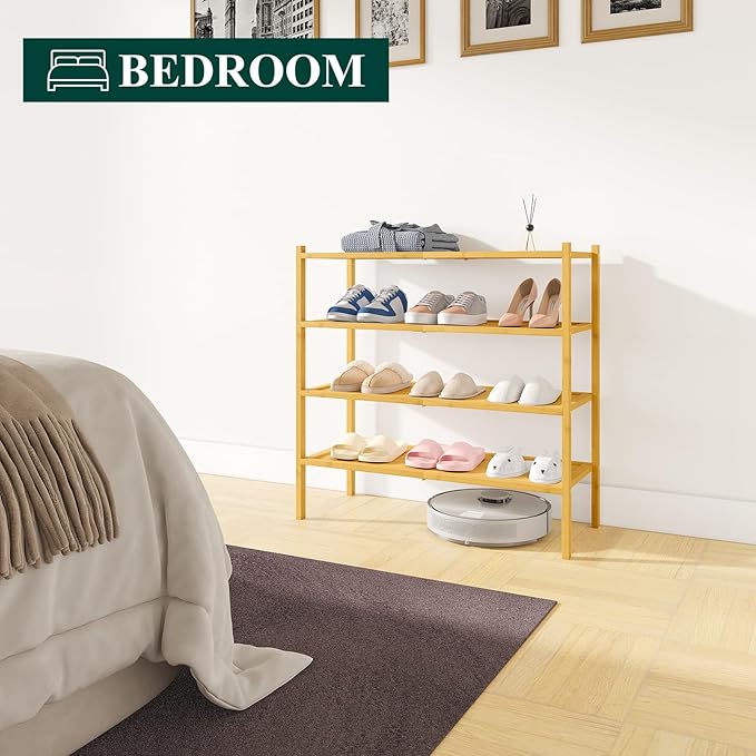 Smiry Bamboo Shoe Rack, 4 Tier Shoe Organizer for Entryway & Closet, Stackable Free Standing Storage Shelf for Shoes, Bags & Plants, Natural