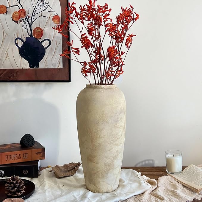 15 Inch Farmhouse Decor Ceramic Rustic Vase,Beige Handmade Flower Vases for Centerpieces,Pottery Vase for Living Room,Kitchen & Bedroom Decor,Vintage Ceramic Vases for Wedding