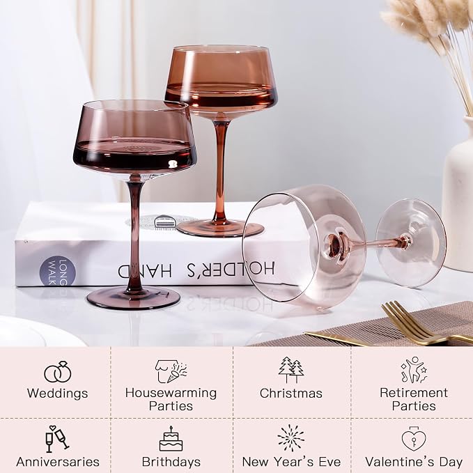 JOVGANK Amber Coupe Glasses Set of 6, Hand Blown Brown Martini Glasses 13Oz, Champagne & Cocktail Luxury Coupe Glasses, Bar Manhattan Glass, Mother's Day Gift for Espresso Martini Glass