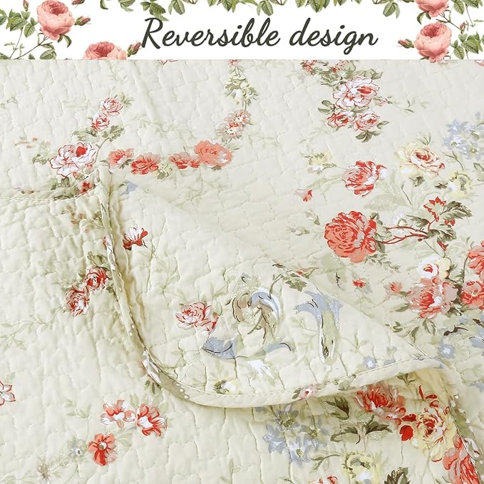 Cozy Line Home Fashions Khaki Cream Yellow Floral Blooming 100% Cotton Reversible Quilt Bedding Set Coverlet Bedspread (Rose Romance, Queen - 3 Piece)