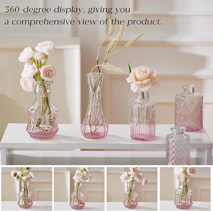 Glass Bud Vase Set of 20 - Small Vases for Flowers in Bulk - Assorted Vintage Crystal Vases for Flowers, Table Centerpieces (Pink, 20 Pcs)