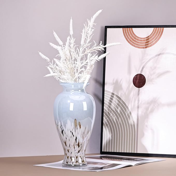 11.8" Tall Blue and White Glass Vase Beautiful Hand Blown Glass Vase Modern Art Home Decor, Wide Mouth Colorful Vases for Mantle Dining Table Centerpiece, Entryway Living Room Wedding Decoration